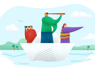 Illustration of three people on a boat: one with a telescope, one with binoculars, one pointing. Blue sea, green hills and clouds in the background.