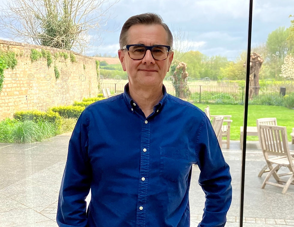 Man in blue shirt in front of window looking onto a walled garden.