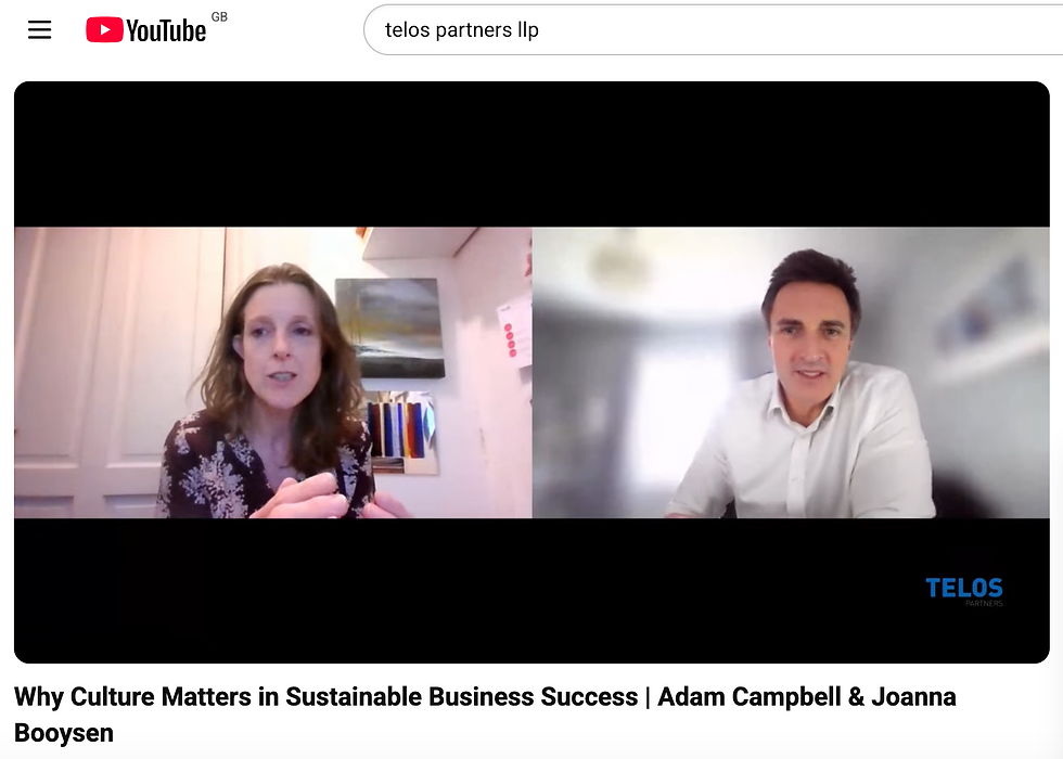 YouTube screen with two speakers in a split video call and TELOS Partners logo; title reads Why Culture Matters in Sustainable Business Success