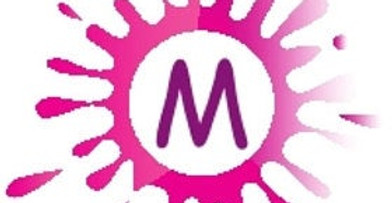 a logo comprising of a pink and white paint splash with a black M in the centre