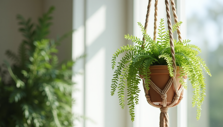 Eye-level view of a macrame plant hanger holding a lush green fern near a sunlit window