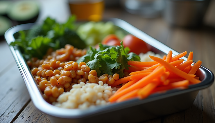 Eye-level view of a stainless steel bento box UK filled with a balanced meal on a wooden table
