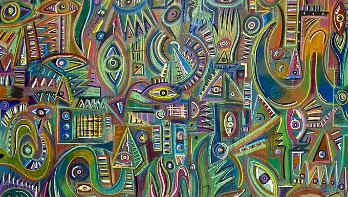 “Mantrasístema”, obra de Miguel Cuauhtémoc, óleo sobre tela.
