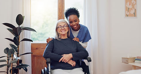 Senior care, nurse and old woman with wheelchair, portrait and smile in health at nursing