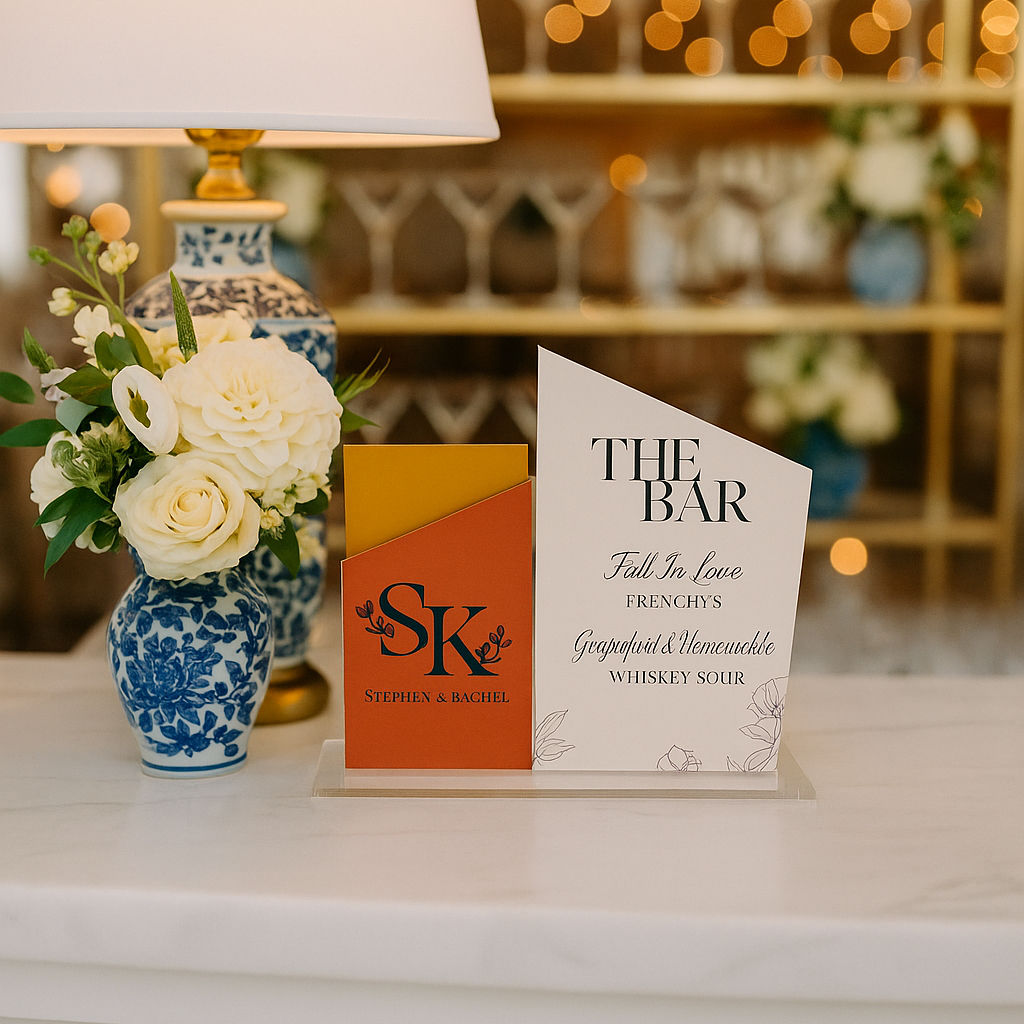 Elegant wedding bar display featuring a white acrylic dual-sign menu with bold black text, placed on a cream bar counter.