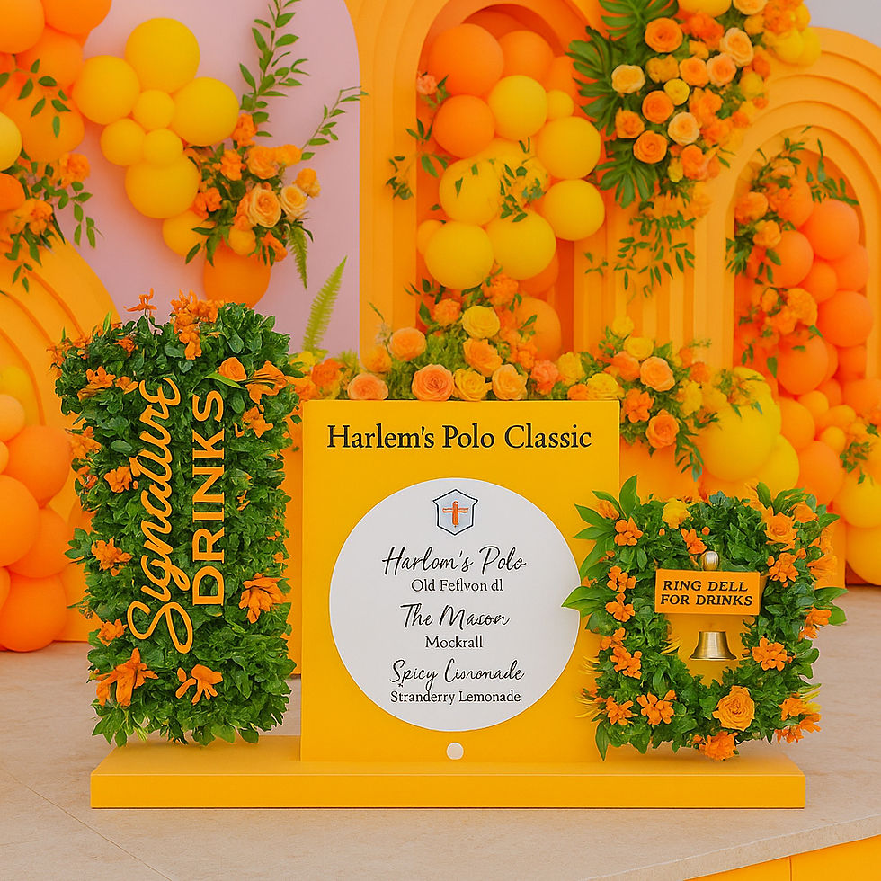 Bright yellow bar sign with circular signature drink menu, green floral accents, and a decorative bell for events, garden par
