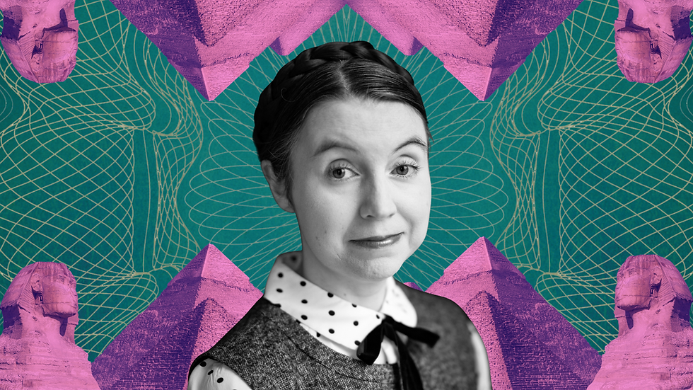 Historian and author Victoria Bateman in front of a pink and green backdrop. She is featured in black and white. You can see the Pyramids of Giza in pink and the green background is from her book cover..