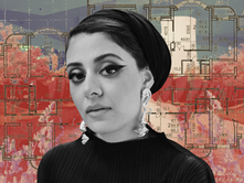 Sumayya Valey in black and white in front of merged images - an architectural plan, and two photos of her recent designs.