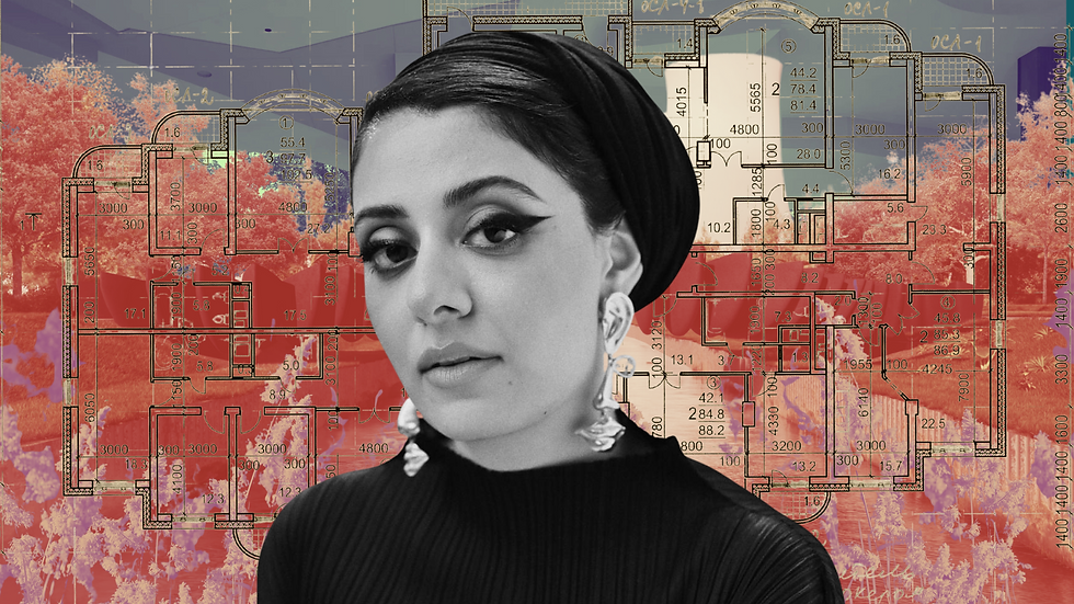 Sumayya Valey in black and white in front of merged images - an architectural plan, and two photos of her recent designs. 