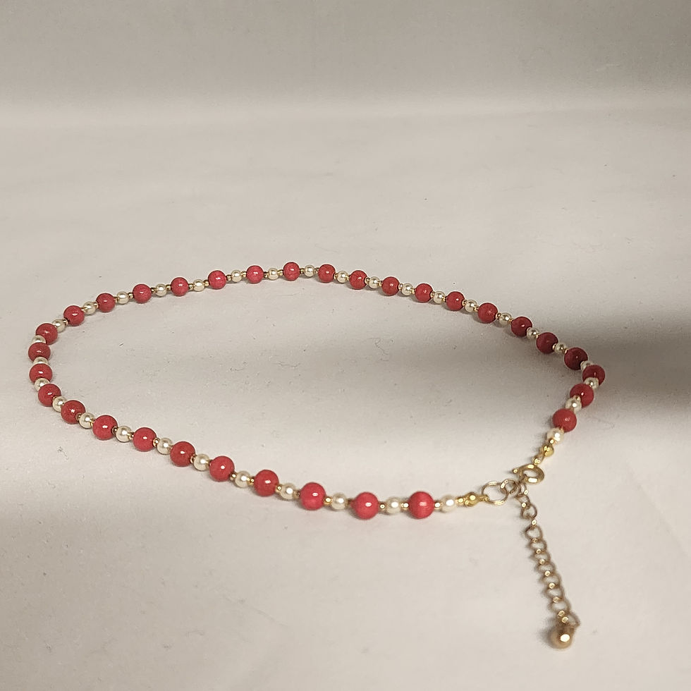 Thumbnail: Red painted Wood beads with foux pearls and gold seed beads 16" with 2" extender