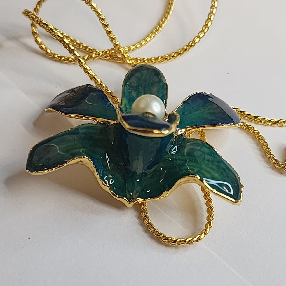 Thumbnail: Vintage 80s 24k Gold dipped Dendrobium Lacquered Orchid Lariat 34-inch necklace 