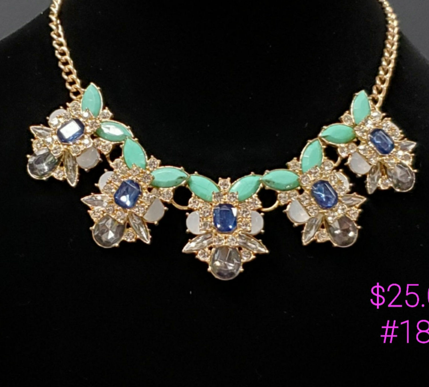 Rhinestone Collar statement necklace 17" inch with 3" inch ext gold-tone chain 