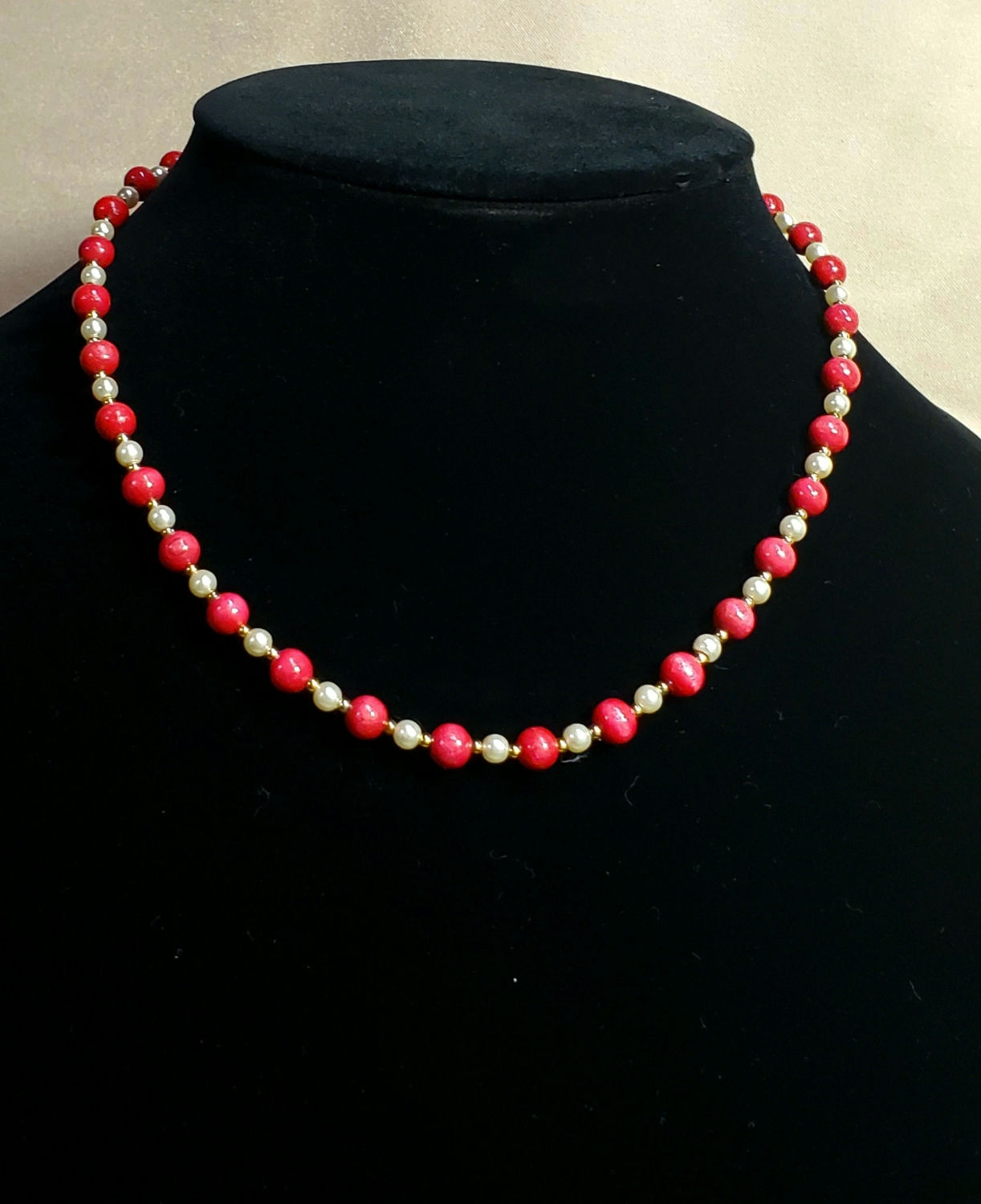 Red painted Wood beads with foux pearls and gold seed beads 16" with 2" extender