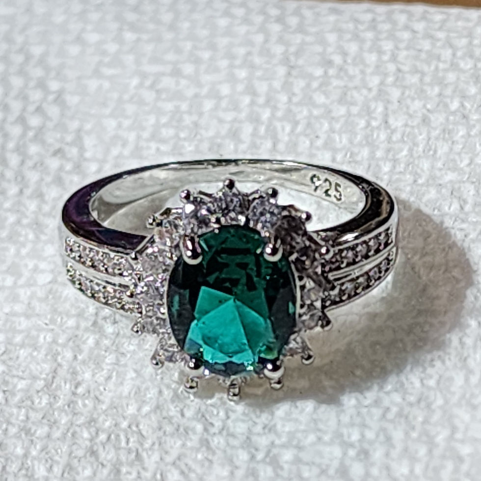 Thumbnail: Blue- Green rhinestone center with clear rhinestone accents  925 silver  size 8