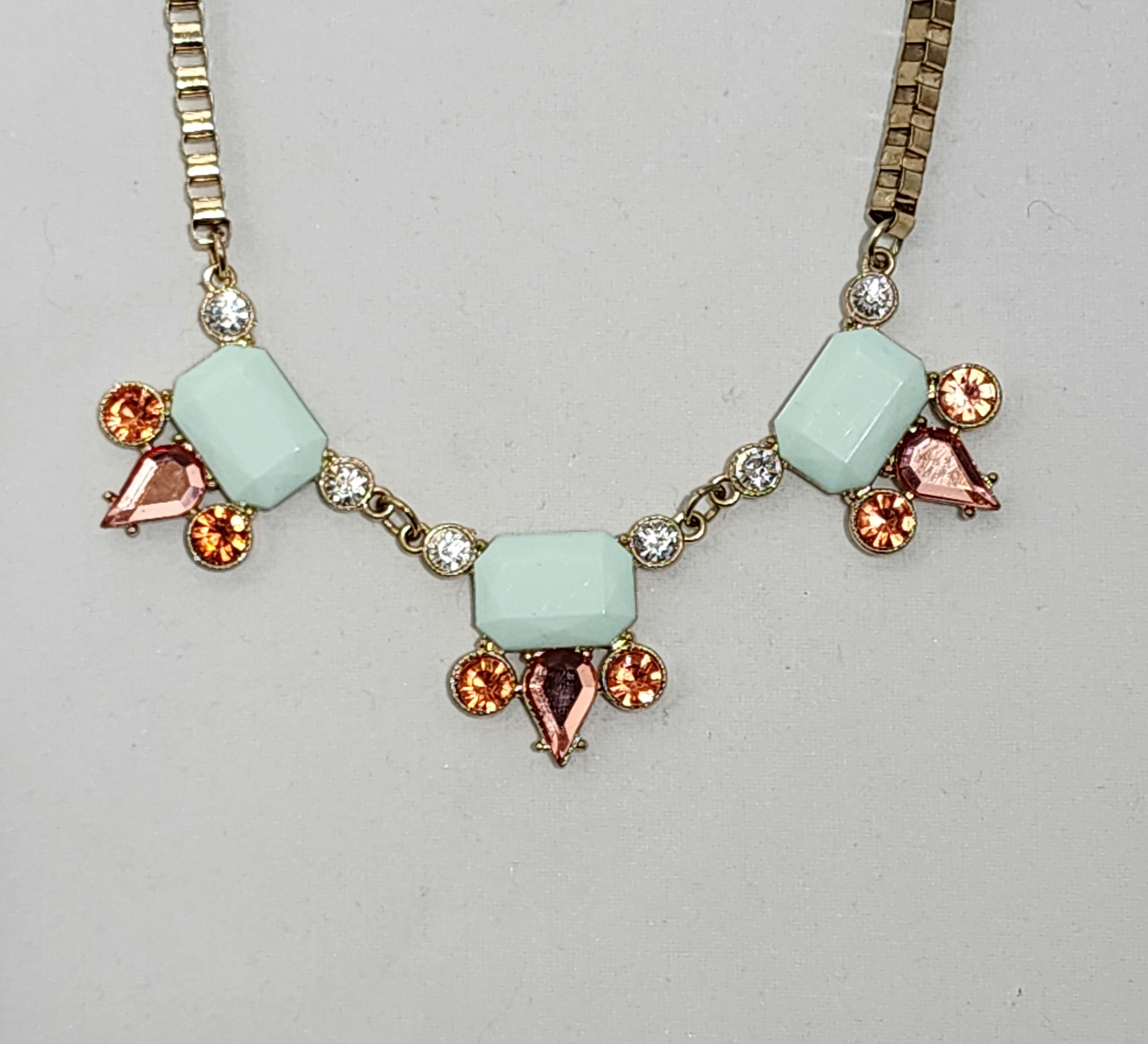 Gold-tone box chain rhinestone and glass necklace