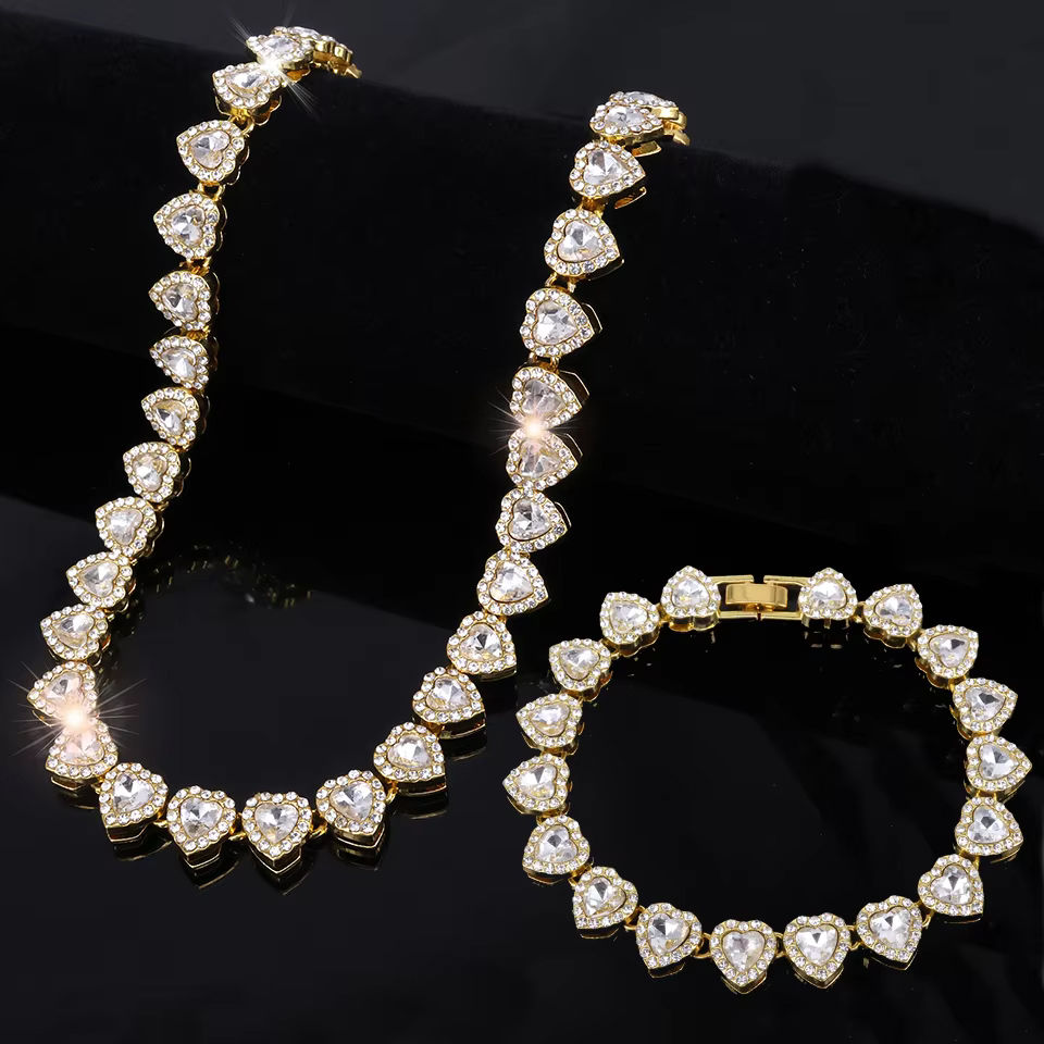 Thumbnail: Bling Rhinestone Tennis Suite – Heart Pendant Link Chain Jewelry for Men & Women