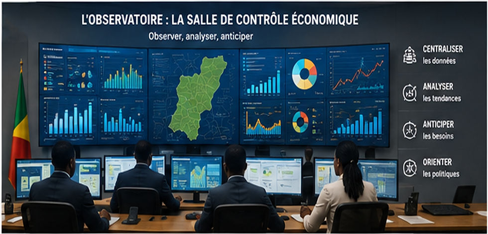 Une salle contemporaine d'analyse économique située en République du Congo, conçue comme un véritable observatoire national des TPE et PME. Plusieurs analystes congolais travaillent devant de grands écrans affichant une carte détaillée de la République du Congo, des graphiques économiques, des statistiques sur les entreprises, l'emploi, le financement, la digitalisation, les marchés et les différents secteurs économiques. Les données provenant de multiples sources convergent vers une plateforme centrale puis sont transformées en indicateurs et analyses. Architecture institutionnelle moderne mais réaliste, technologie crédible disponible aujourd'hui, ambiance professionnelle et sérieuse, lumière naturelle