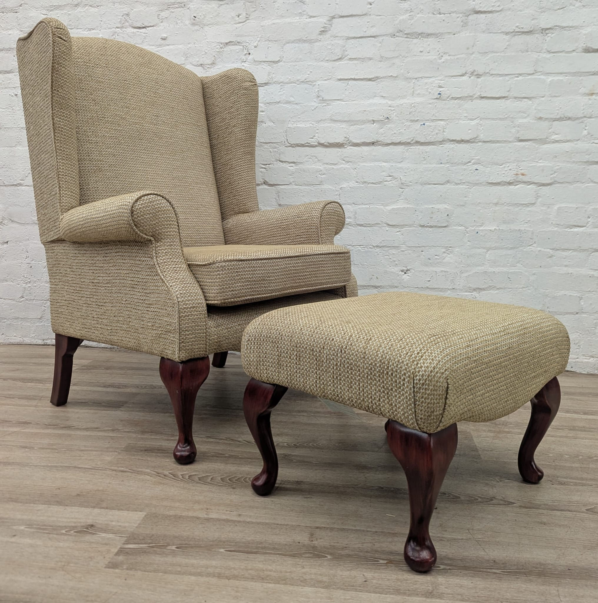 Contemporary wing back armchair with footstool lime green weave
