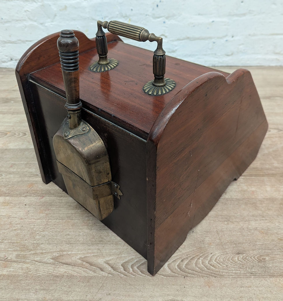 Thumbnail: Early 20th century mahogany coal depot with brass shovel