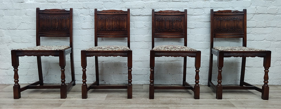 Thumbnail: Oak linenfold dining chairs by Old Charm x 4