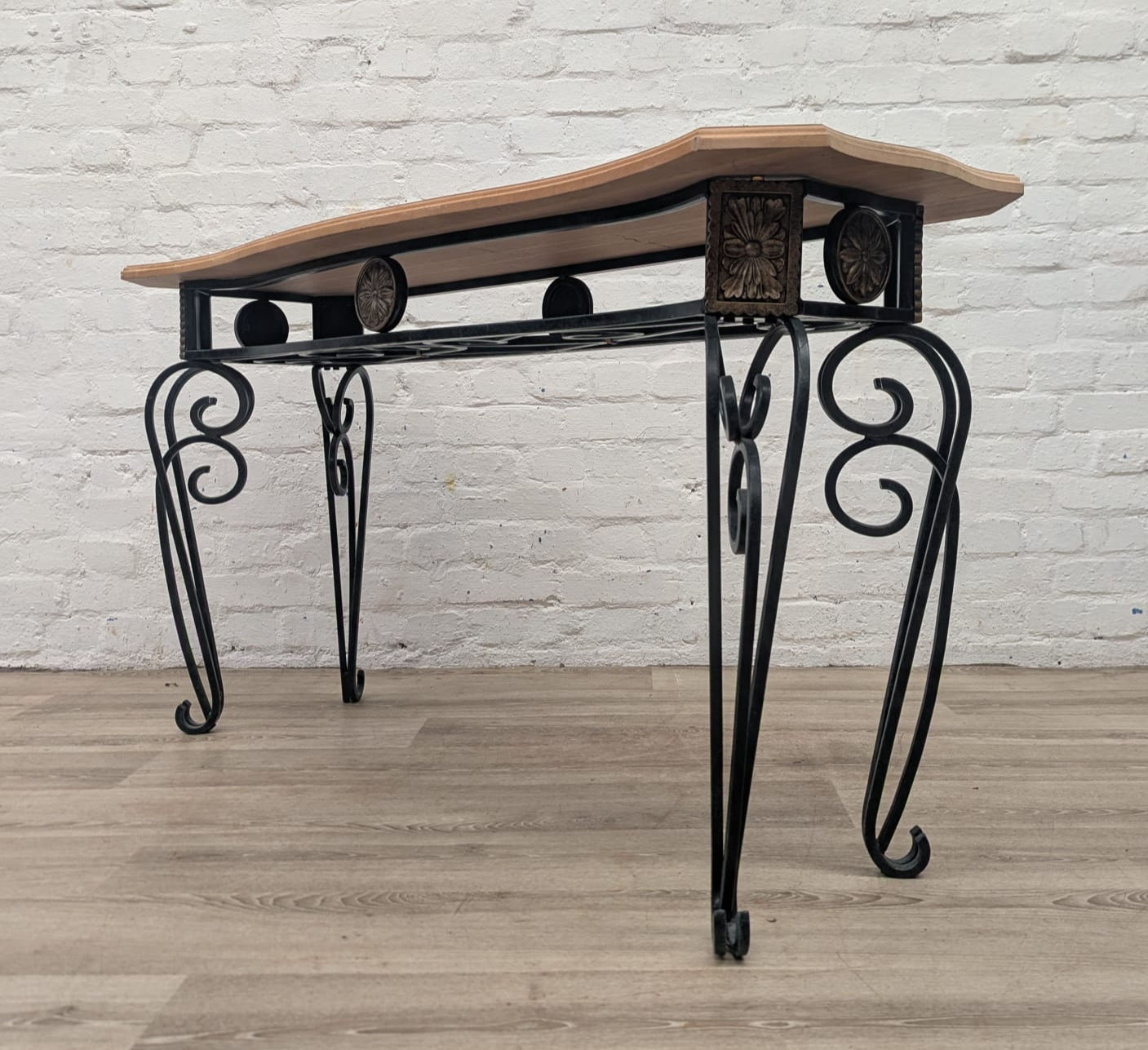 20th Century wrought iron oak top console table