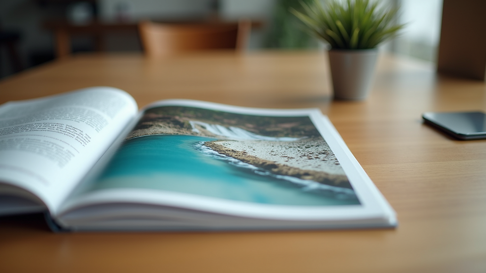 Eye-level view of a vibrant print marketing brochure on a wooden table