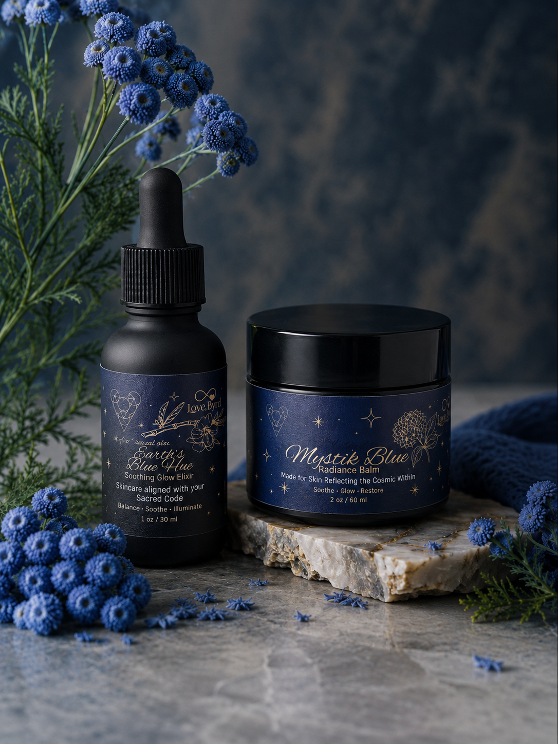 Mystic Moonlight Ritual featuring Earth's Blue Hue Elixir and Mystik Blue Radiance Balm for calm, luminous skin