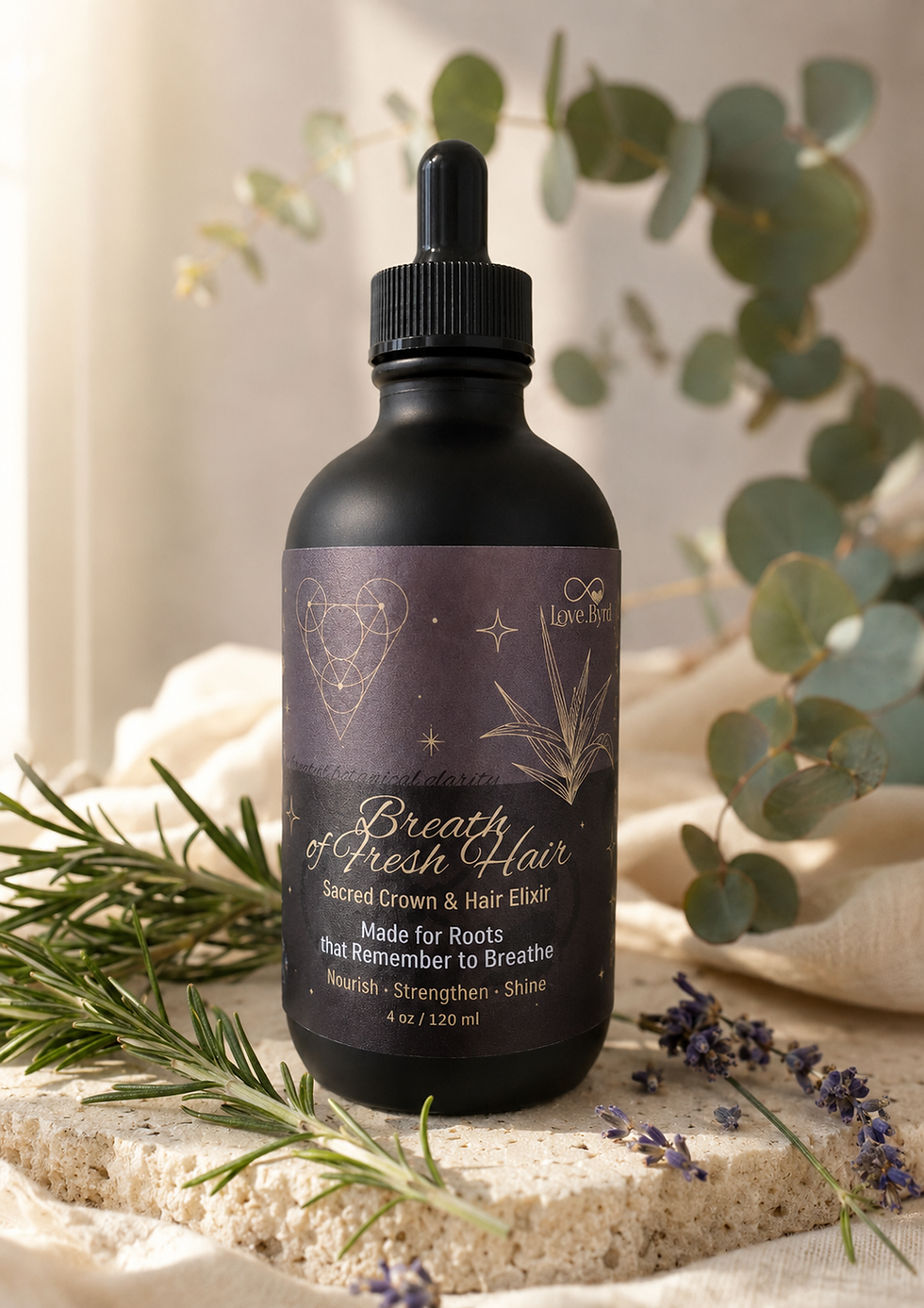 Breath of Fresh Hair botanical scalp and hair elixir in a matte black glass bottle with treatment pump.