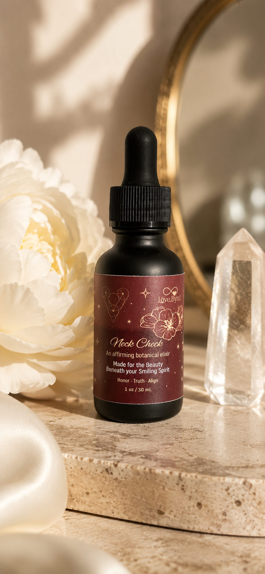 LoveByrd Essentials Neck Check Elixir in black glass dropper bottle with Bakuchiol CO₂, Astaxanthin, CoQ10, and botanical oil