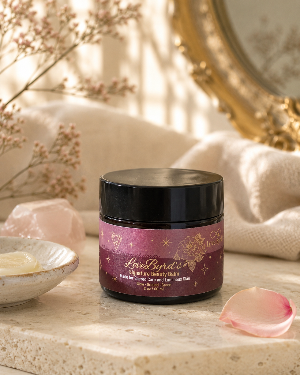 LoveByrd Signature Beauty Balm in black glass jar crafted to nourish skin with rich plant butters, botanical oils.