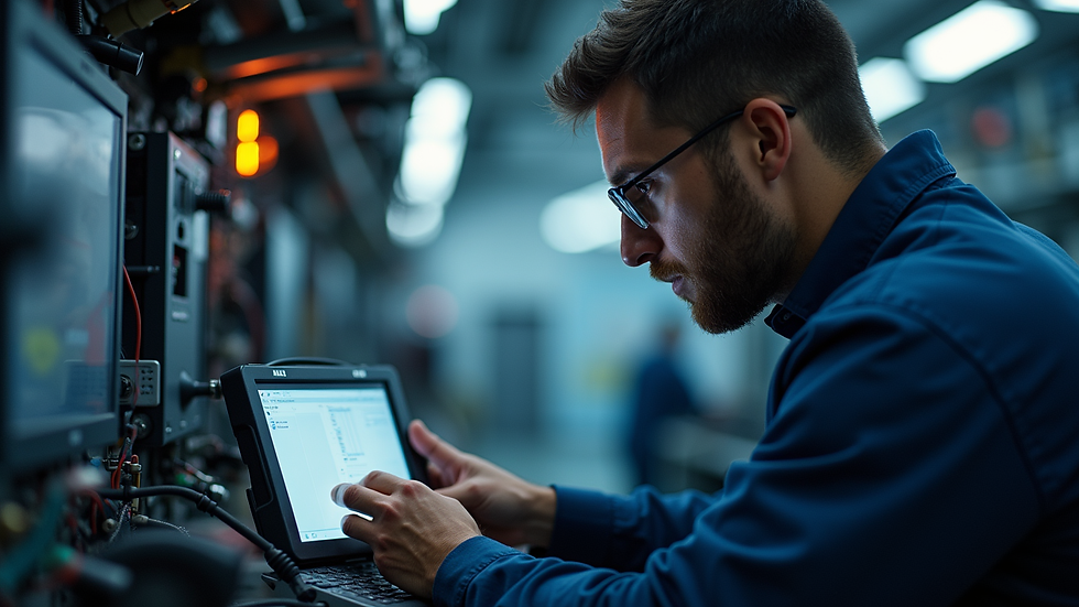 Close-up view of technician using diagnostic tools on aircraft system