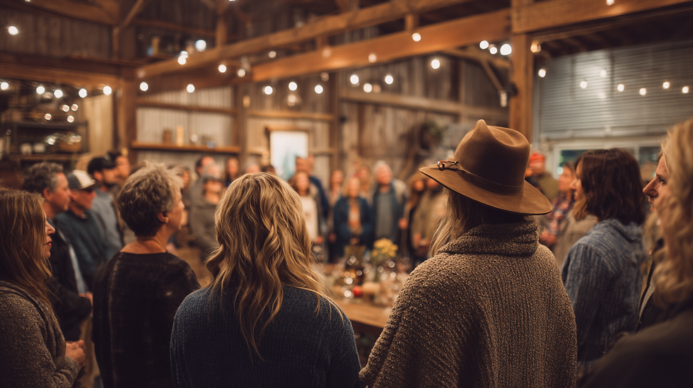 A community gathering in a spacious indoor area on a rainy day in a small winery town in oregon