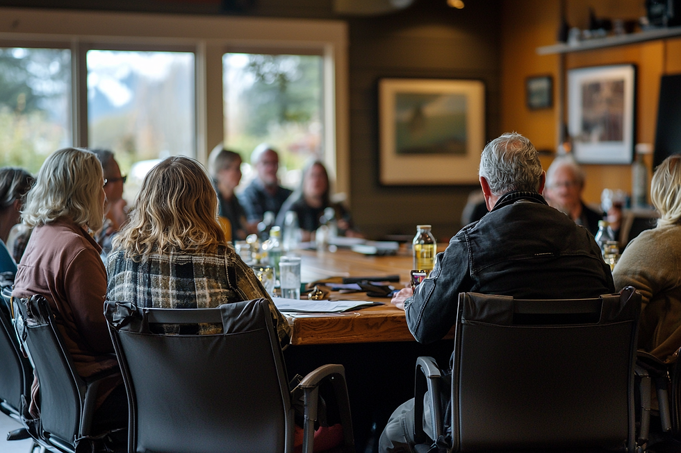 People sitting around a conference table in a meeting room, engaged in discussion. Large windows in the background. Casual attire, focused mood.