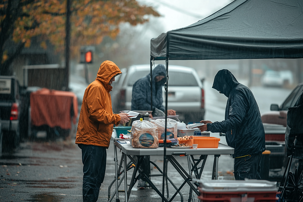 Three people in rain gear serve food under a gray canopy on a rainy street. Orange and black jackets, misty background, overcast mood.