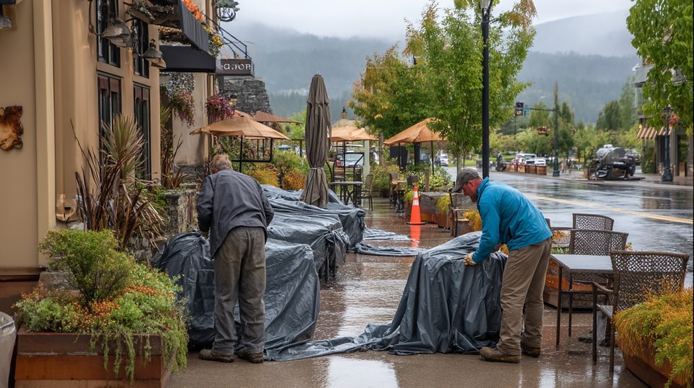 Two downtown business owners helping each other cover outdoor furniture with tarps in light rain.