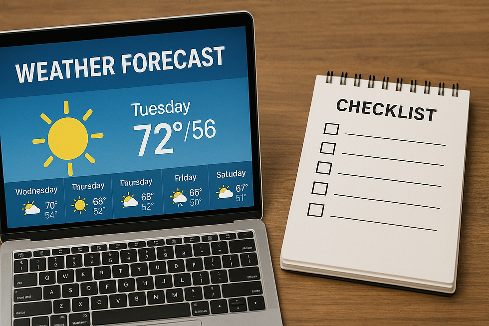 Laptop displaying sunny weather forecast; nearby, a blank checklist notepad on a wooden desk. Forecast includes temps and conditions.