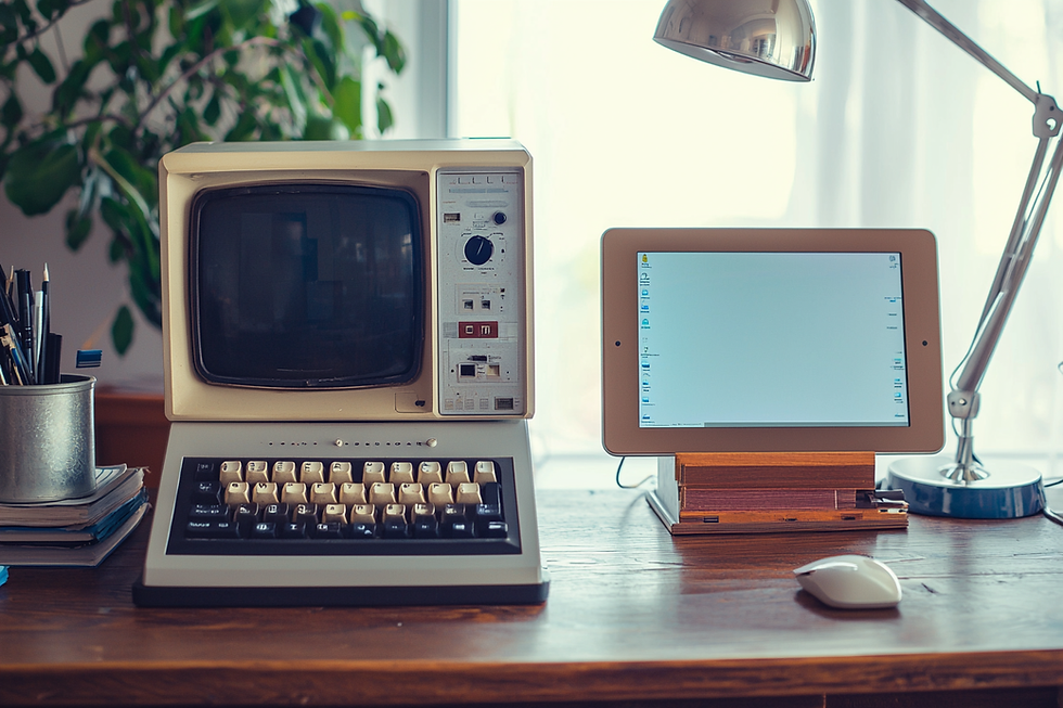 Outdated computer next to modern tablet, symbolizing the contrast between legacy systems and modern technology in local government offices.