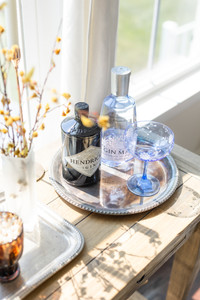 Decorative Gin Bottles Sitting on a Silver Tray with Antique Cocktail Glass by the Window