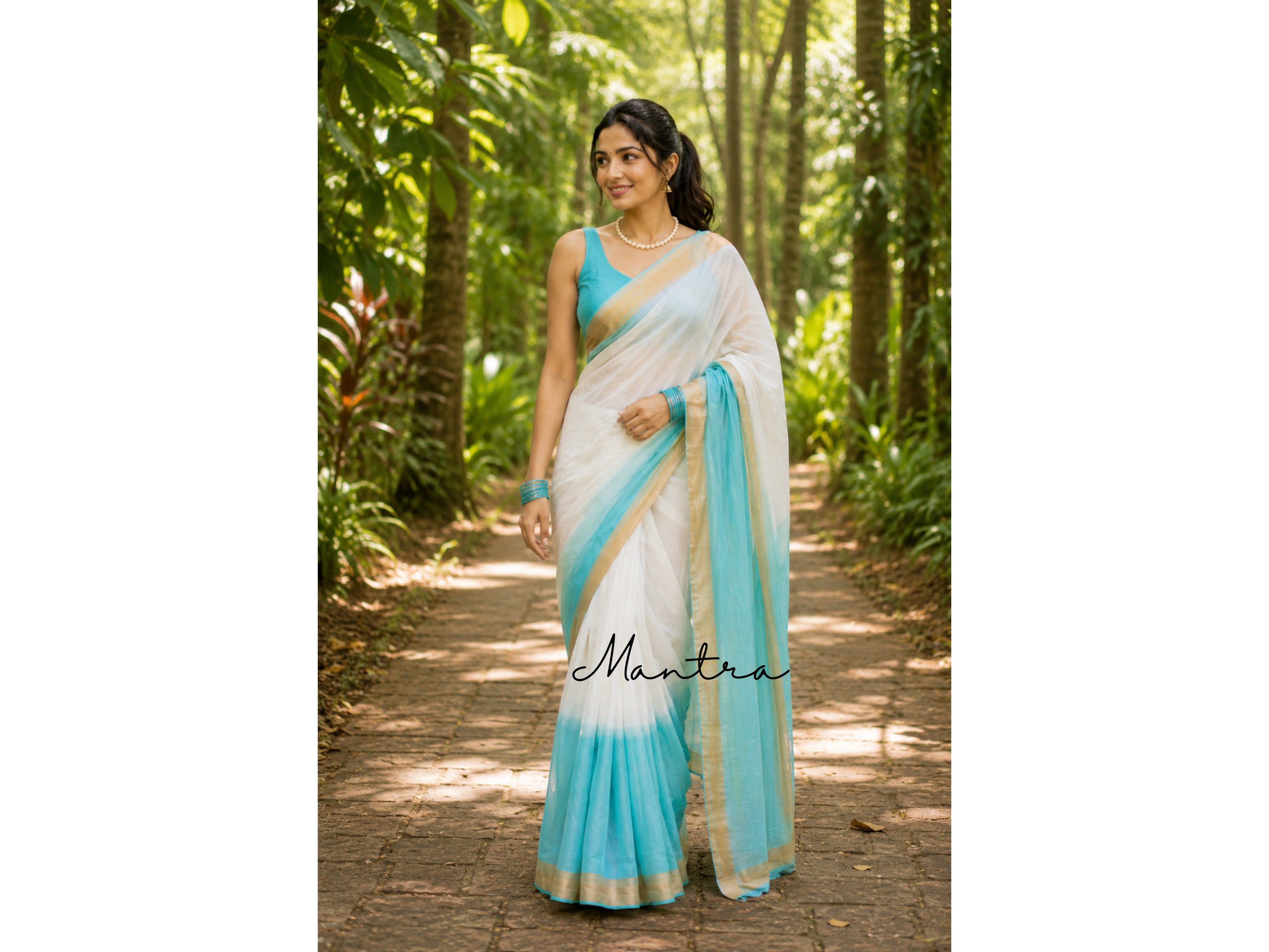 White & Aqua Blue Handloom-Inspired Saree with Gold Border
