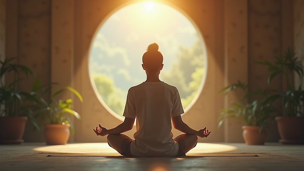 Eye-level view of a person meditating in a serene environment