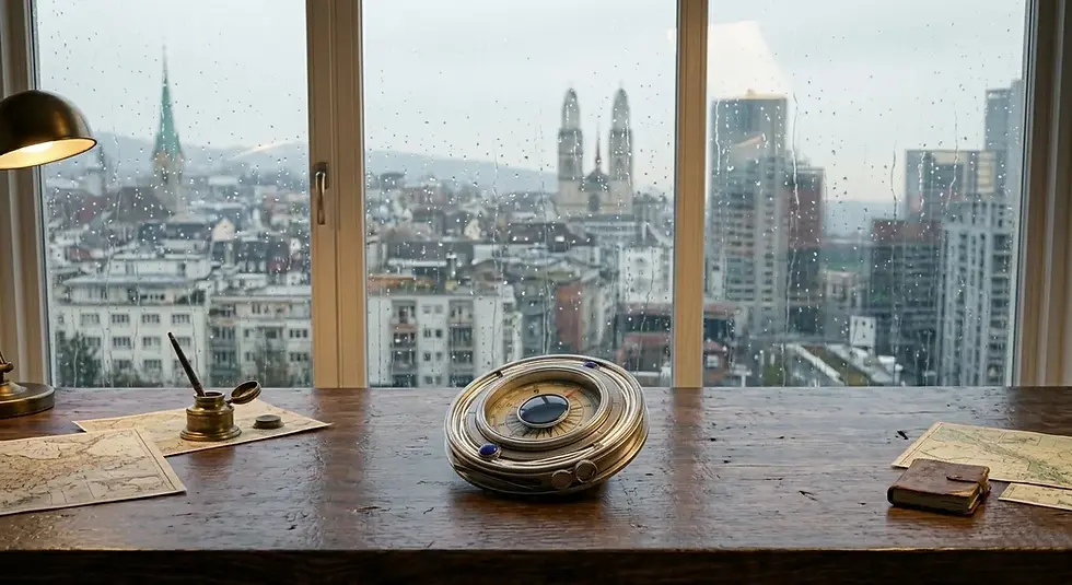 A realistic silver compass on a wooden desk with a rainy city view, symbolizing navigation through a changing job market.