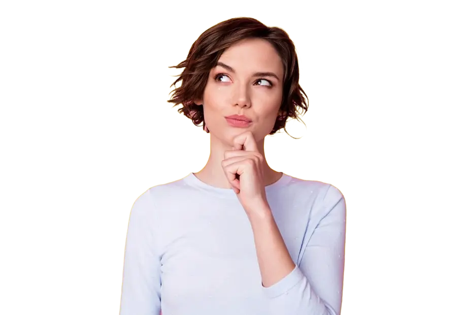 Nachdenkliche Frau blickt nach oben; Text: „Ihr Potenzial, Ihre Antworten!“ zur Entmystifizierung von Performance und systemischer Karriere-Resilienz.