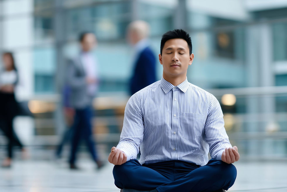 Businessman practicing mindfulness to achieve work life balance, showing calm, focus, and intentional work life management.