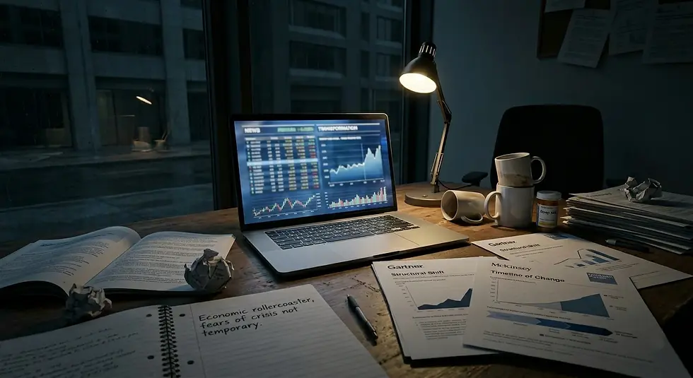 Late-night desk with a laptop showing financial charts, market reports from McKinsey and Gartner, and a notebook discussing economic job market transformation.