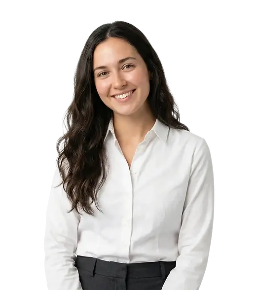 A smiling young woman with long, dark wavy hair, wearing a white button-down shirt against a bright yellow background.