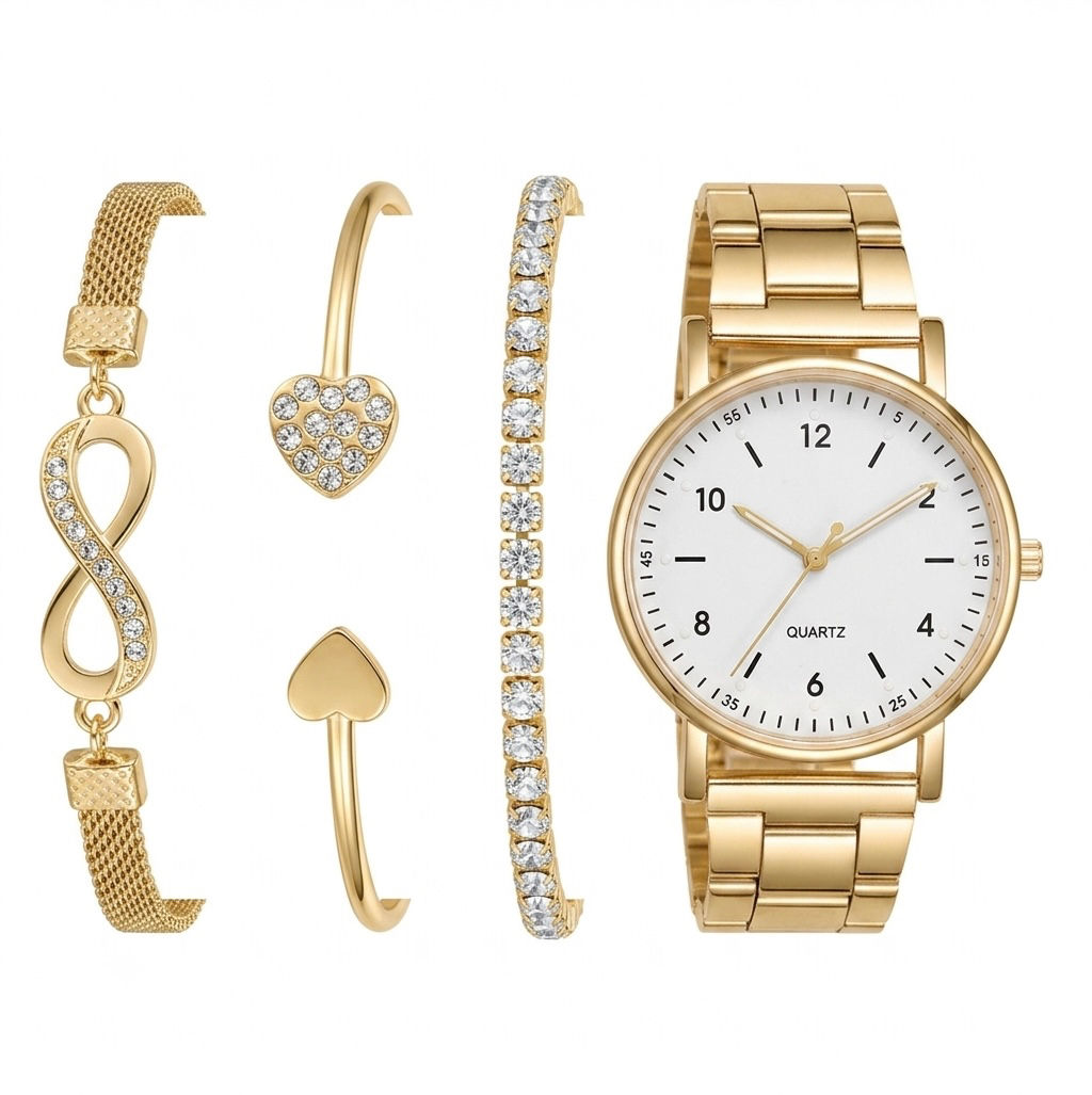 KIT 4 PEÇAS 1 RELÓGIO CAPRI QUARTZ + 2 PULSEIRAS + 1 BRACELETE