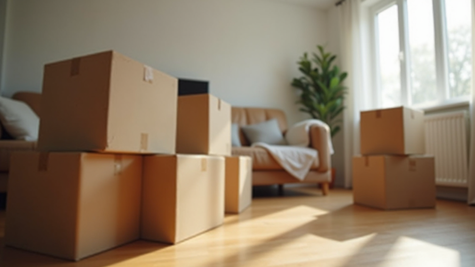Eye-level view of packed moving boxes stacked neatly in a living room