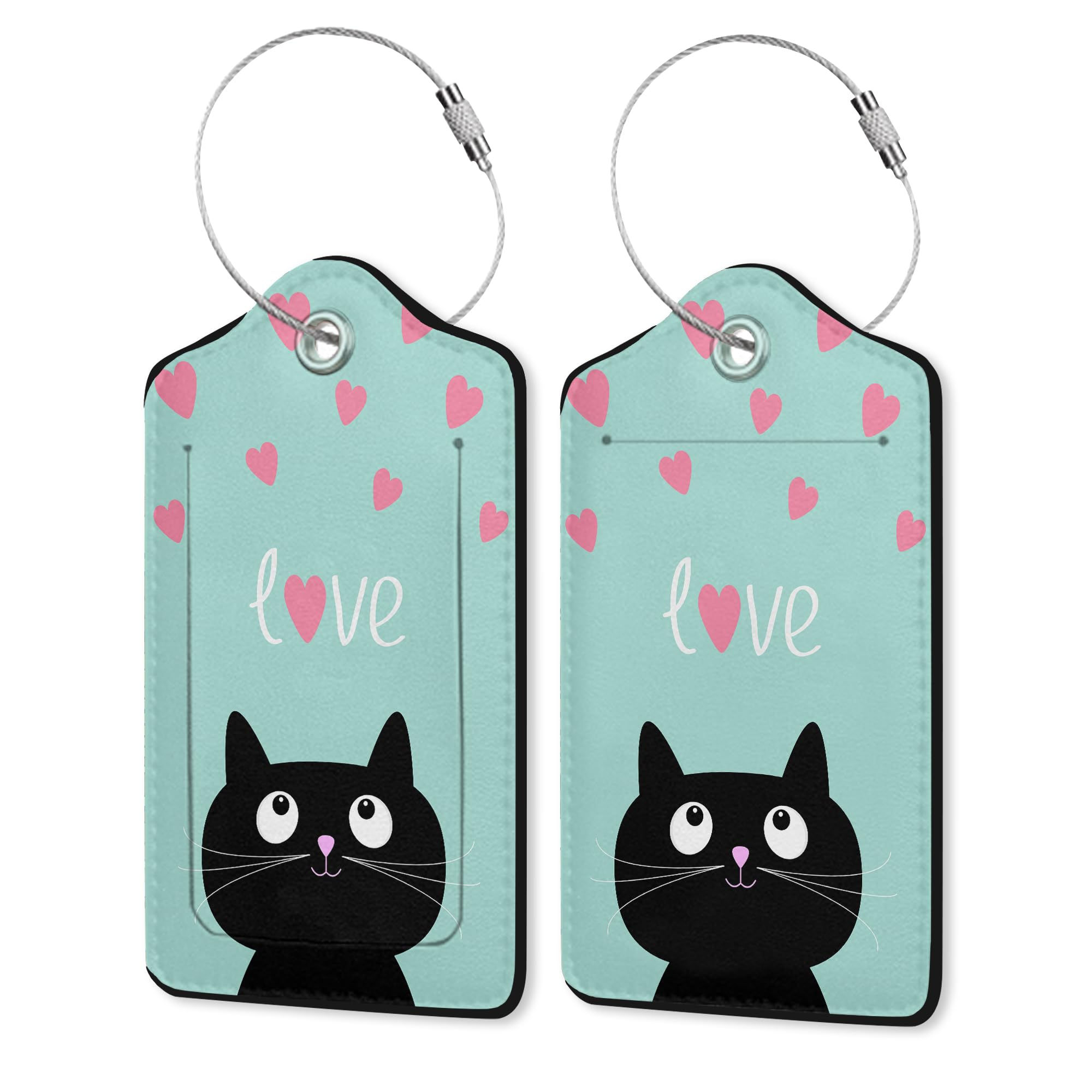 2 Pack PU Leahter Luggage Tag with Stainless Steel LoopBlack Cat Luggage Tag Tra