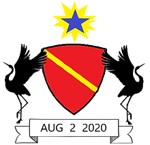 The coat of arms made up of red shield with a yellow sash, flanked by Great Blue Herons, a star above and "Aug 2 2020" below