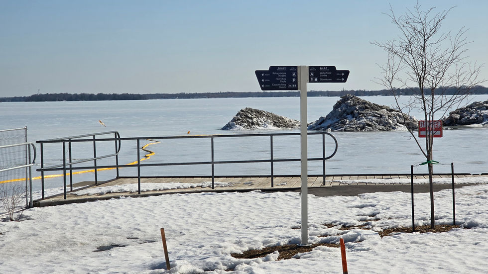 A wayfinding post at the Orillia waterfront.